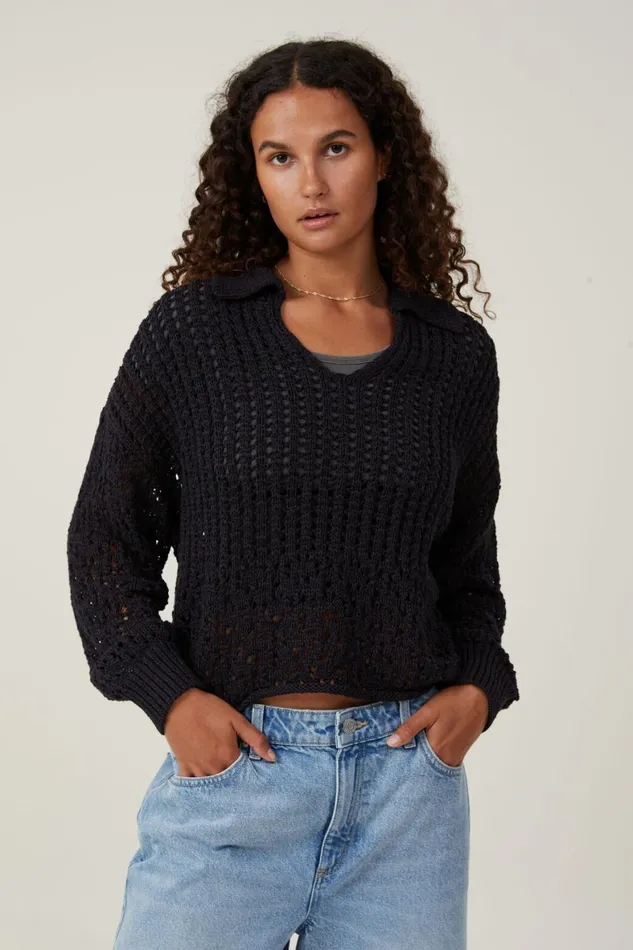 Women Sweaters and Cardigans Cotton On Crochet Collar Pullover Black