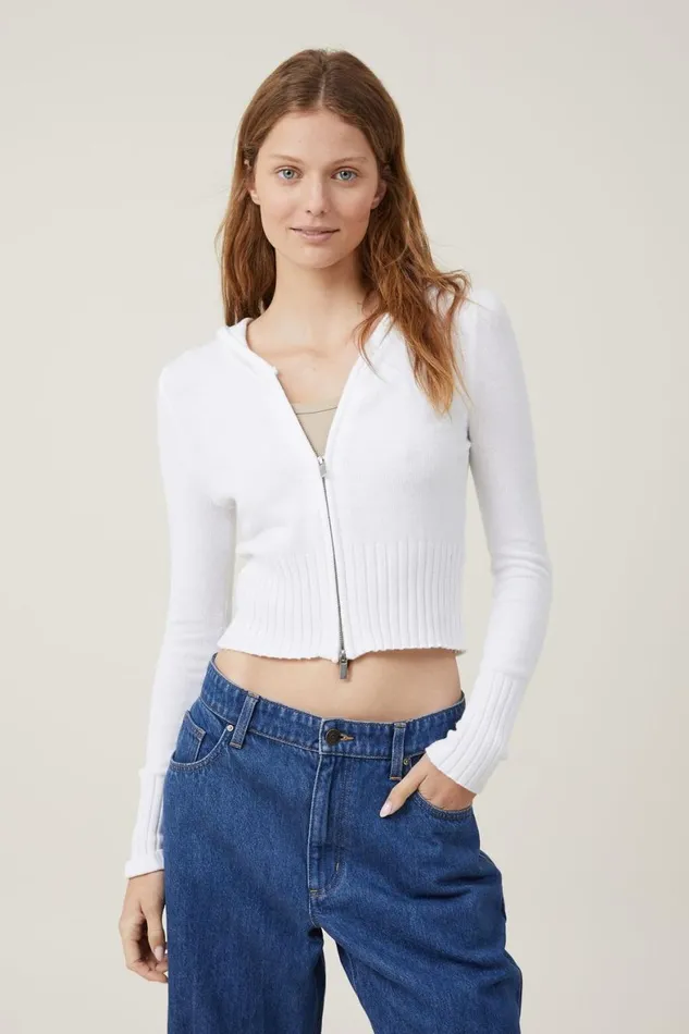 Women Sweaters and Cardigans Cotton On Everfine Fitted Zip Hoodie White