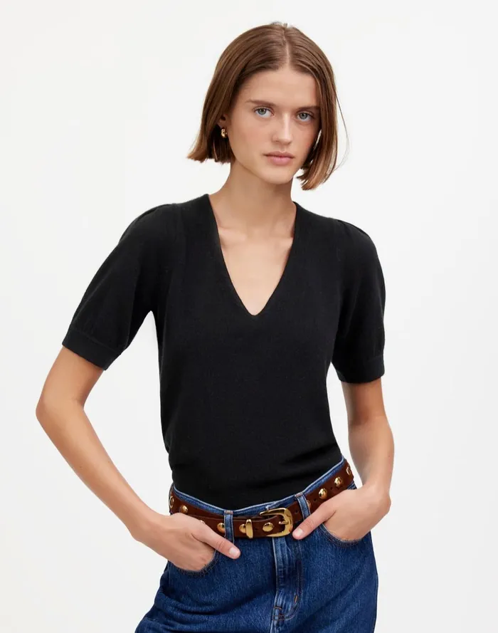 Women Sweaters Madewell Cashmere VNeck PuffSleeve Sweater Tee Hthr Oat