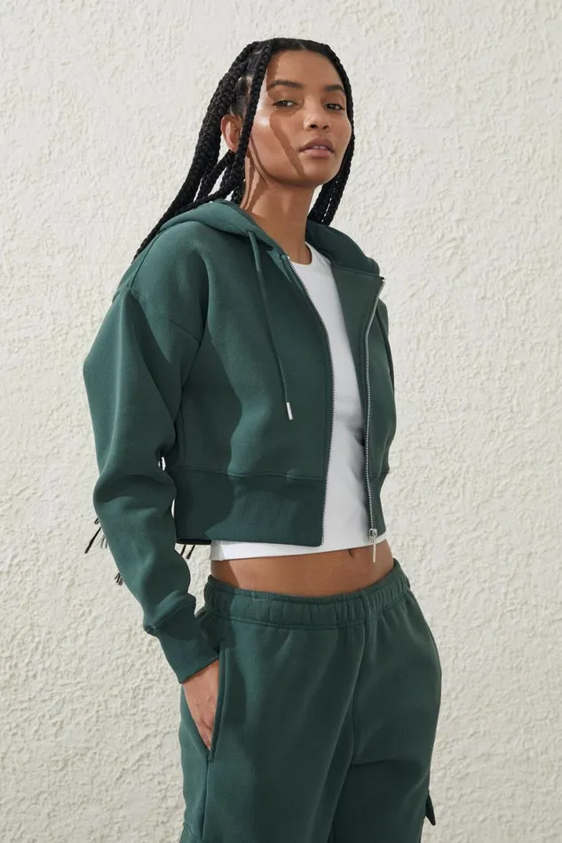 Women Sweats and Hoodies Cotton On Plush Essential Cropped Zip Through Holly Green
