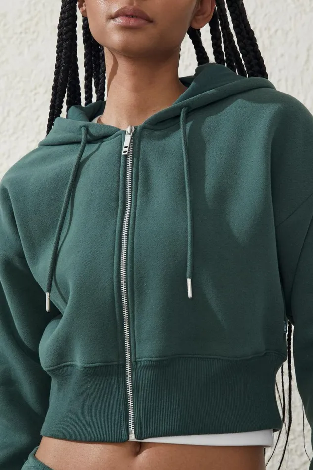 Women Sweats and Hoodies Cotton On Plush Essential Cropped Zip Through Holly Green