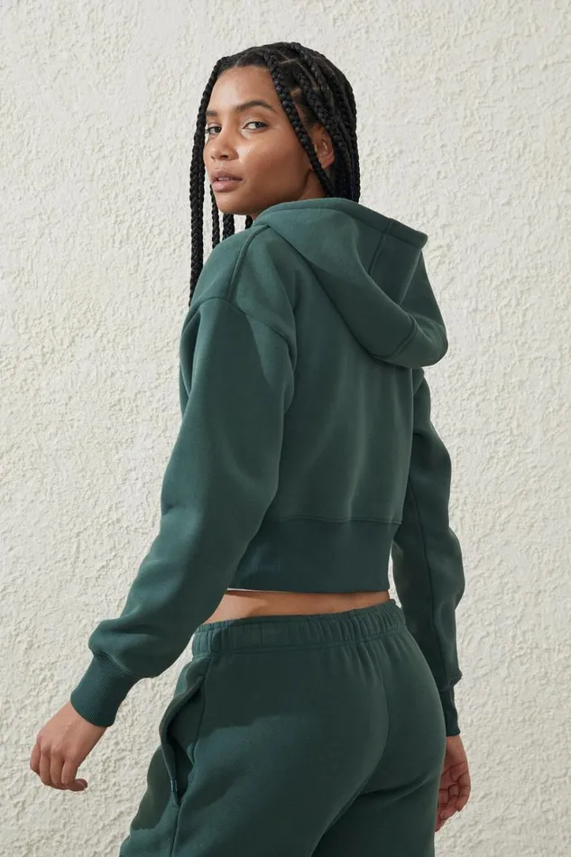 Women Sweats and Hoodies Cotton On Plush Essential Cropped Zip Through Holly Green