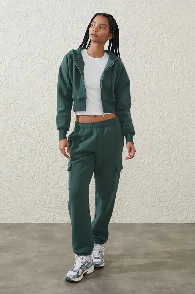 Women Sweats and Hoodies Cotton On Plush Essential Cropped Zip Through Holly Green
