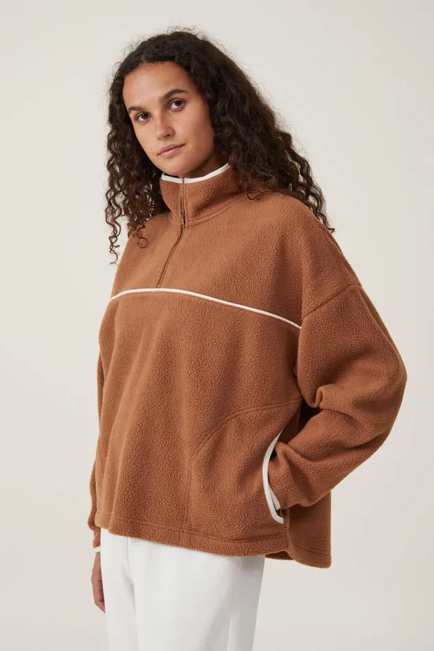Women Sweats and Hoodies Cotton On Teddy Fleece Quarter Zip Leaf Brown