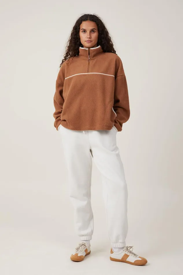 Women Sweats and Hoodies Cotton On Teddy Fleece Quarter Zip Leaf Brown