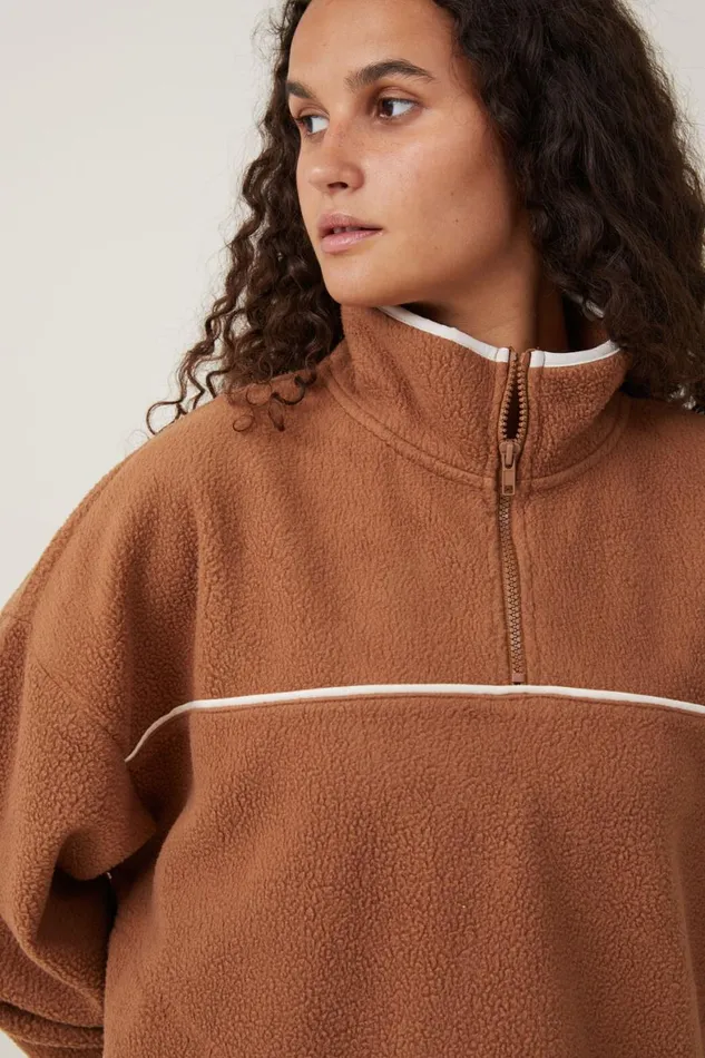 Women Sweats and Hoodies Cotton On Teddy Fleece Quarter Zip Leaf Brown