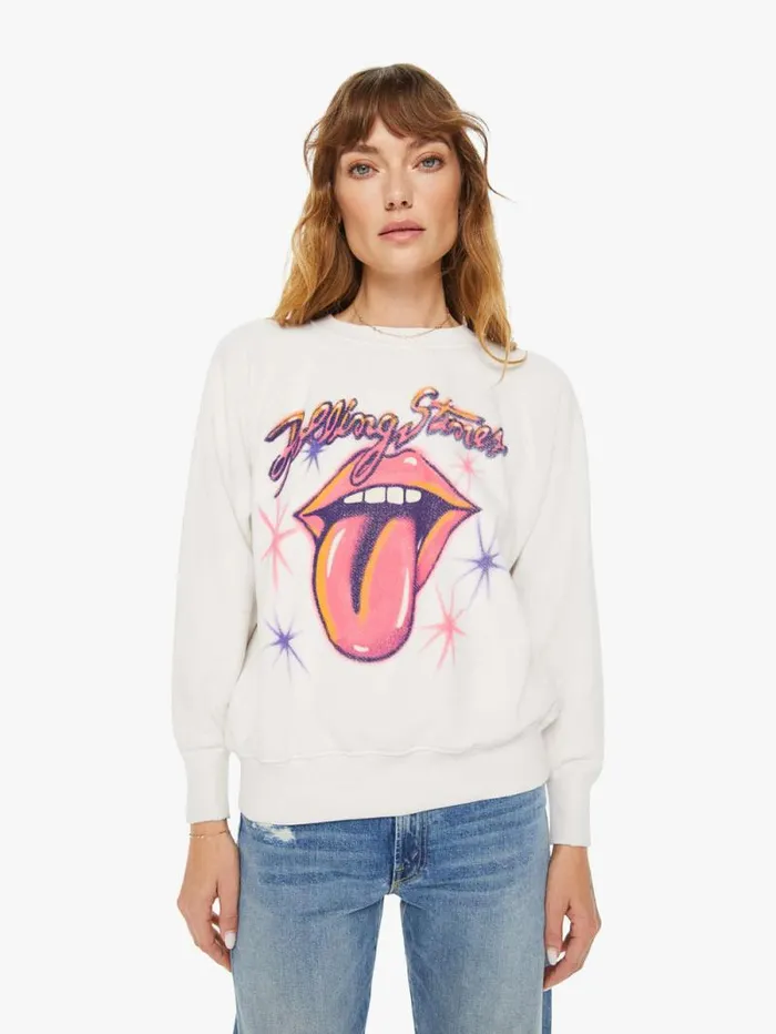 Women Sweatshirts Mother Denim Rolling Stones Airbrush Shrunken Sweatshirt White natural