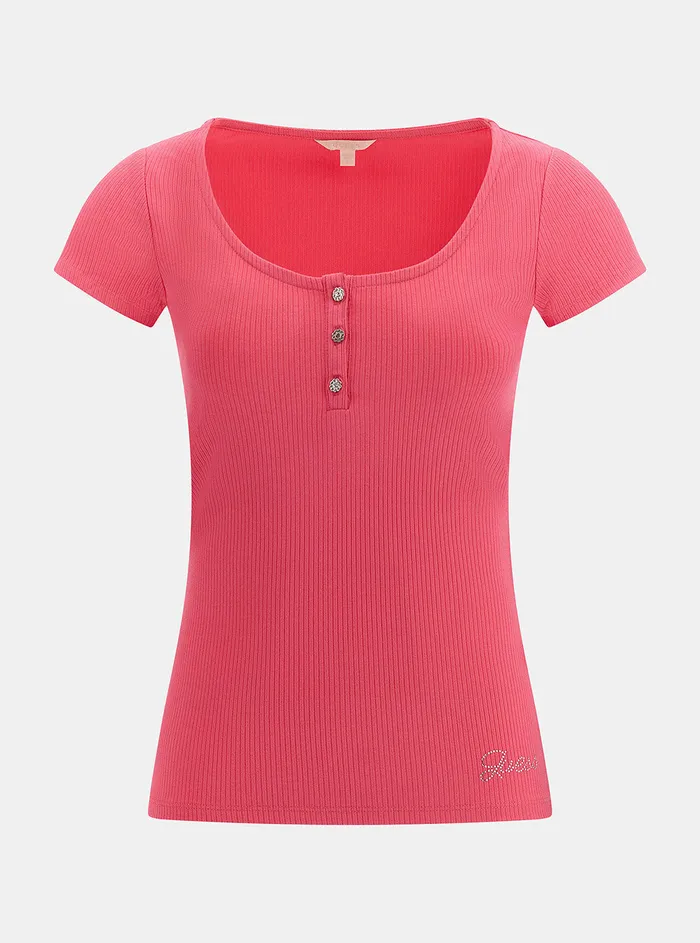 Women Tees and Tanks GUESS Eco Fuchsia Karlee Jewel Henley Tshirt Women Tees and Tanks GUESS Eco Fuchsia Karlee Jewel Henley Tshirt