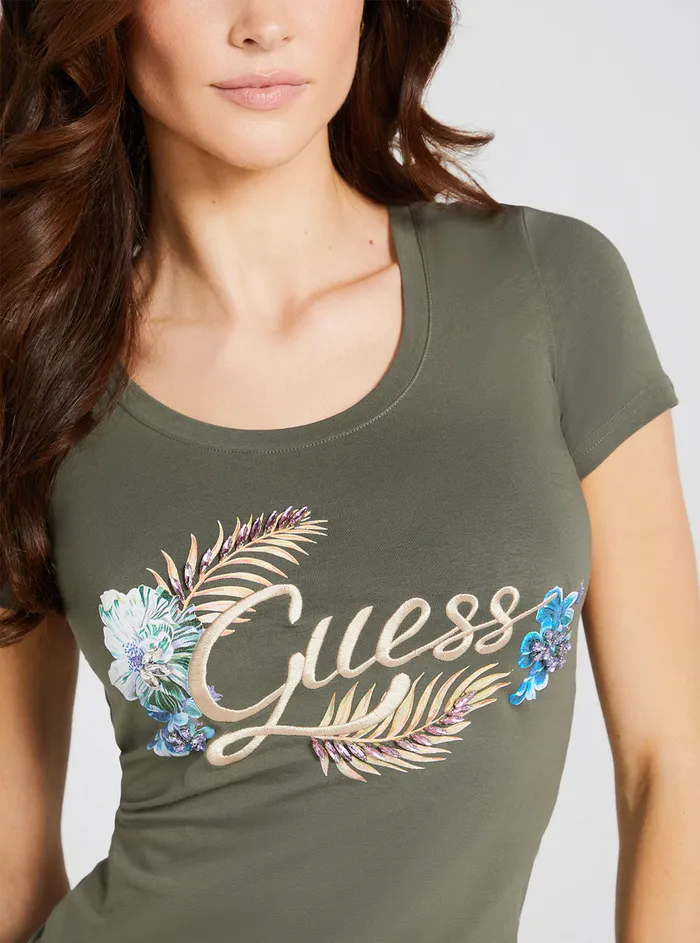 Women Tees and Tanks GUESS Eco Green Embellish Logo Tshirt Women Tees and Tanks GUESS Eco Green Embellish Logo Tshirt