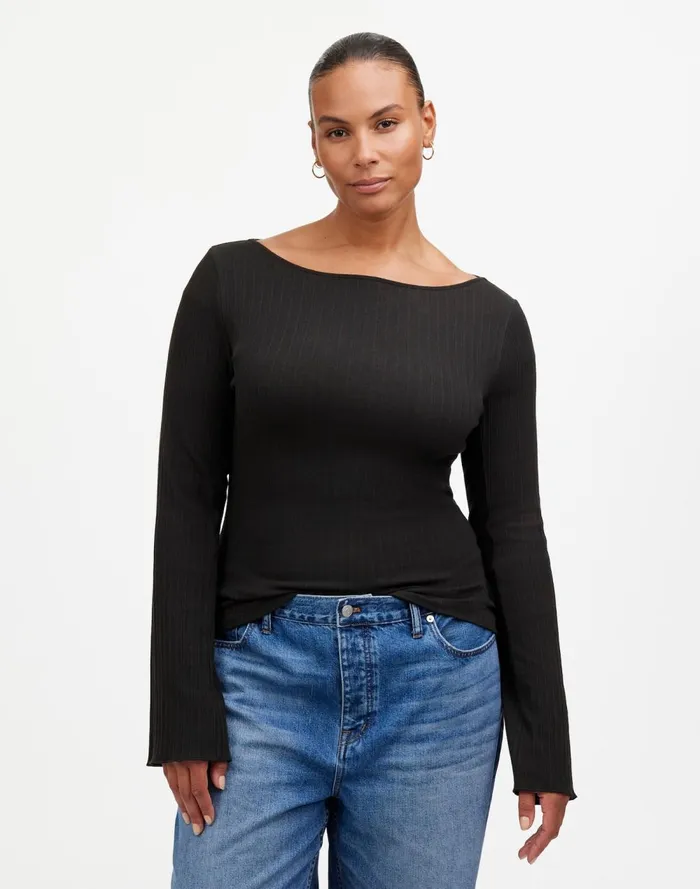 Women Tees Madewell Ribbed LongSleeve Boatneck Top Jet Black