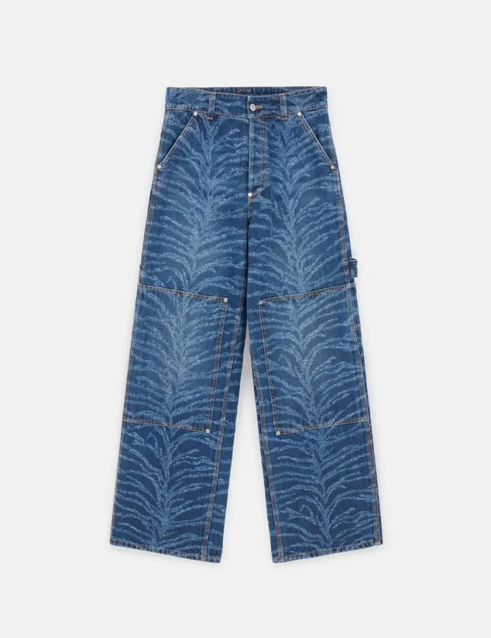 Women Tiger Pattern HighRise Straight Leg Cargo Jeans Vintage Wash Blue Denim Stella McCartney Pants And Shorts