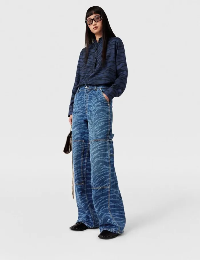Women Tiger Pattern HighRise Straight Leg Cargo Jeans Vintage Wash Blue Denim Stella McCartney Pants And Shorts