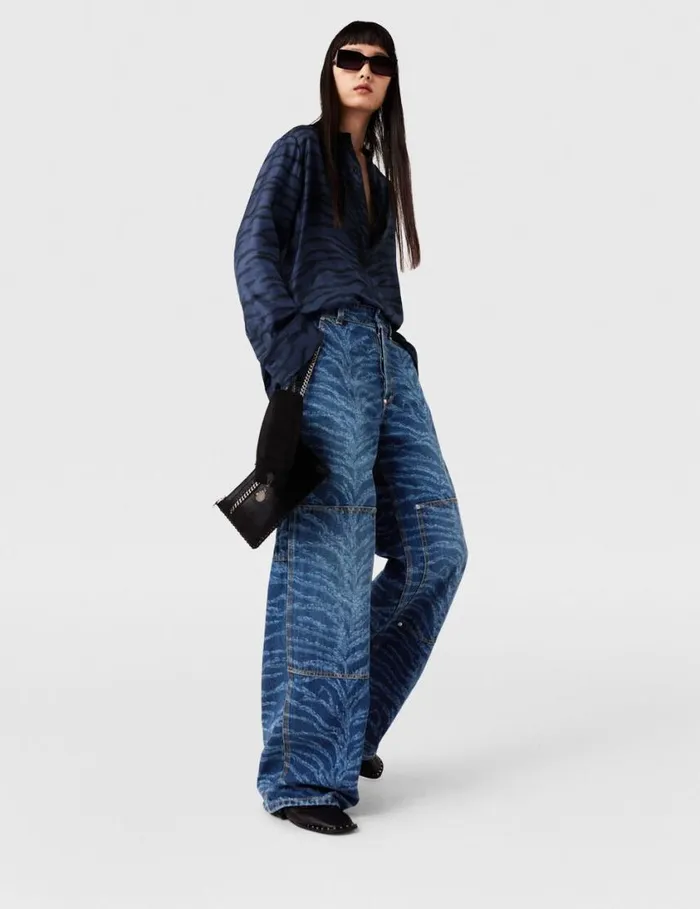 Women Tiger Pattern HighRise Straight Leg Cargo Jeans Vintage Wash Blue Denim Stella McCartney Pants And Shorts