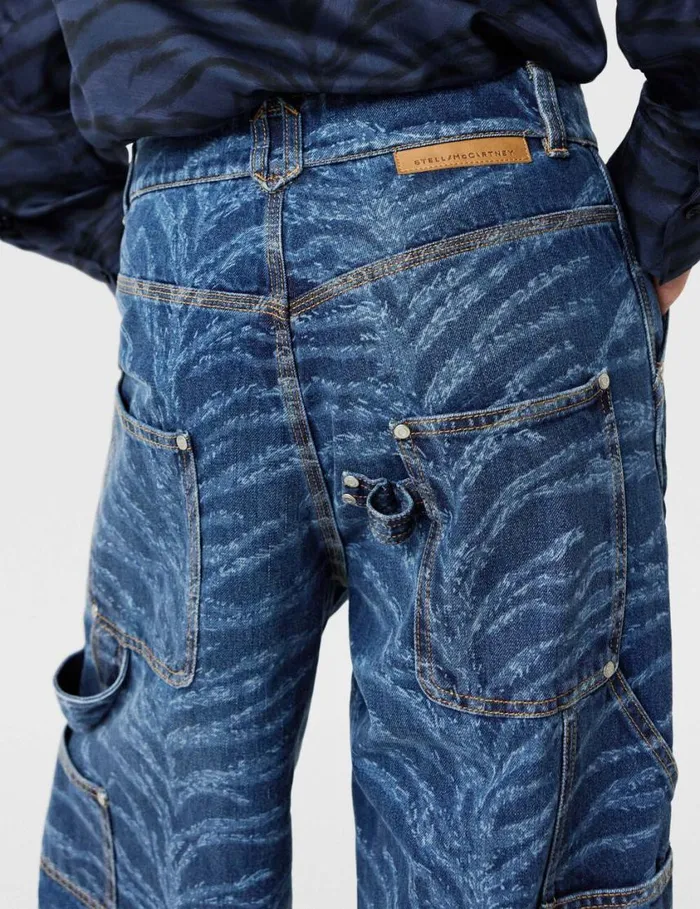 Women Tiger Pattern HighRise Straight Leg Cargo Jeans Vintage Wash Blue Denim Stella McCartney Pants And Shorts