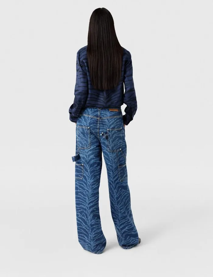 Women Tiger Pattern HighRise Straight Leg Cargo Jeans Vintage Wash Blue Denim Stella McCartney Pants And Shorts