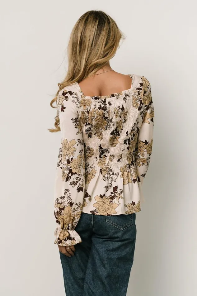 Women Topanga Smocked Top Taupe Floral Baltic Born Blouses and Shirts