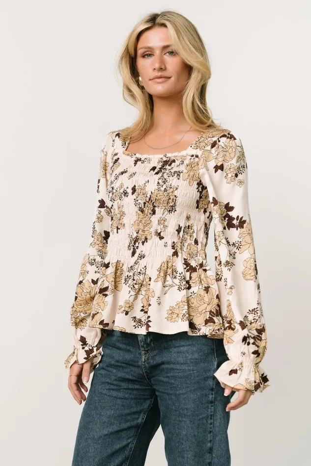 Women Topanga Smocked Top Taupe Floral Baltic Born Blouses and Shirts