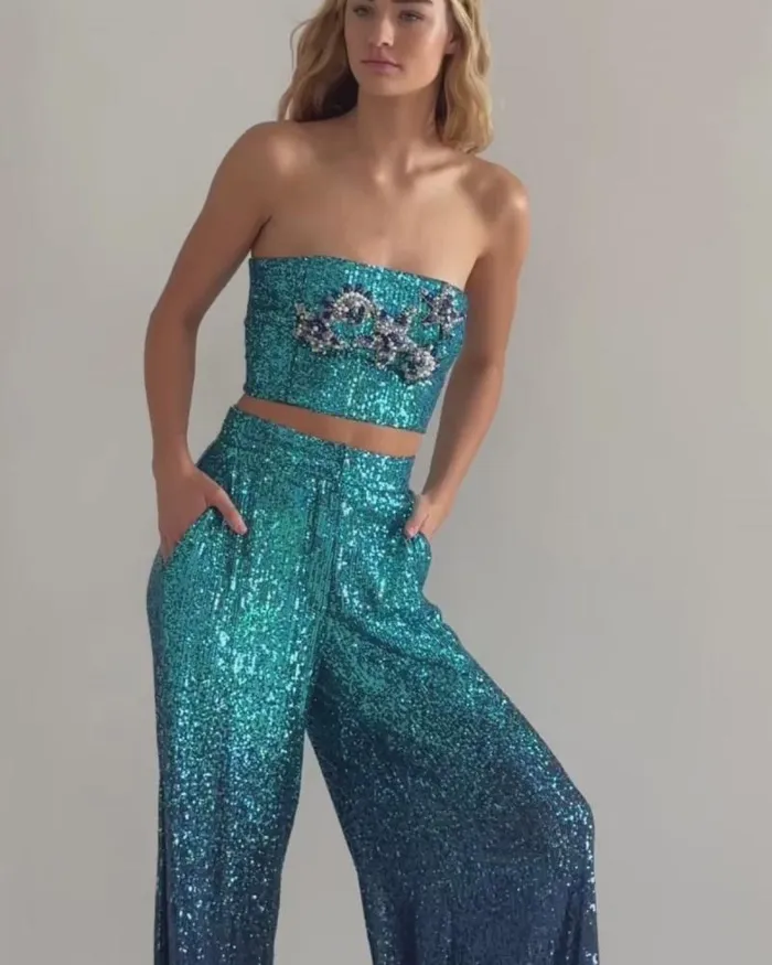 Women Tops and Bodysuits PatBO EMBROIDERED OMBRE SEQUIN TOP FINAL SALE High Tide