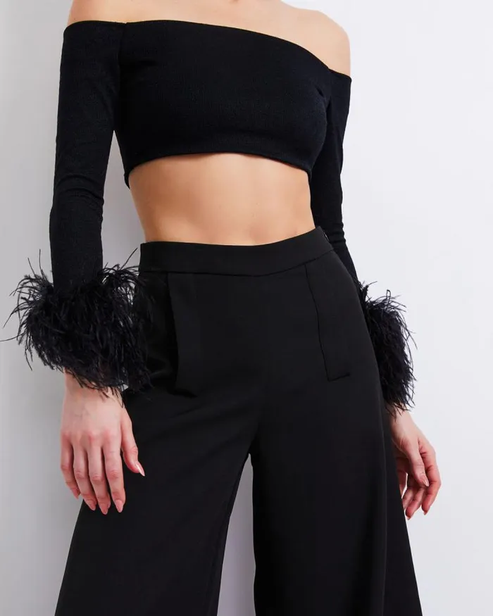 Women Tops and Bodysuits PatBO Feather Trim Knit Top FINAL SALE Black