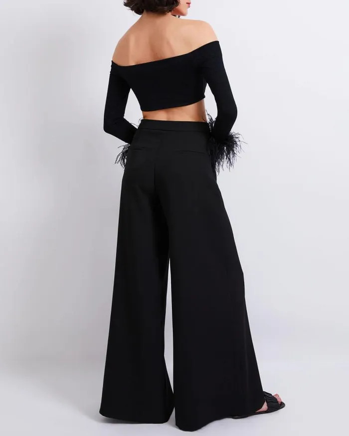 Women Tops and Bodysuits PatBO Feather Trim Knit Top FINAL SALE Black
