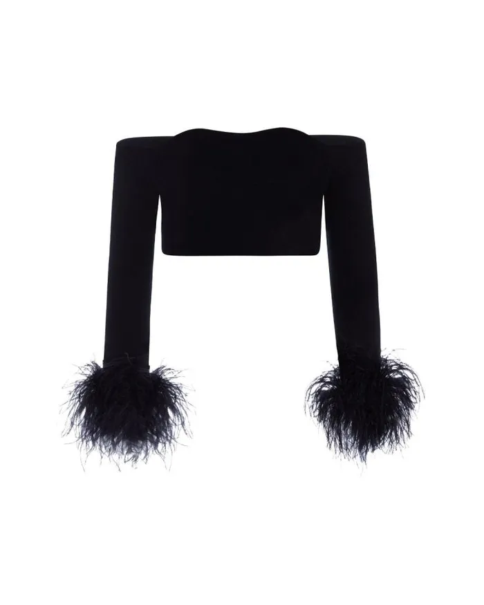 Women Tops and Bodysuits PatBO Feather Trim Knit Top FINAL SALE Black