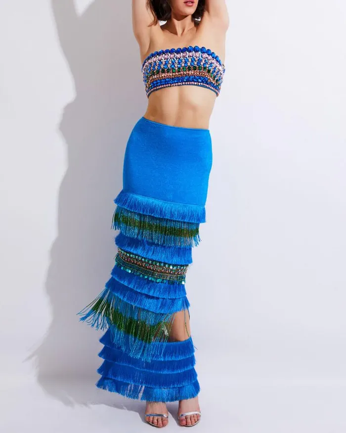 Women Tops and Bodysuits PatBO FULLY BEADED STRAPLESS TOP EXCLUSIVE FINAL SALE Blue