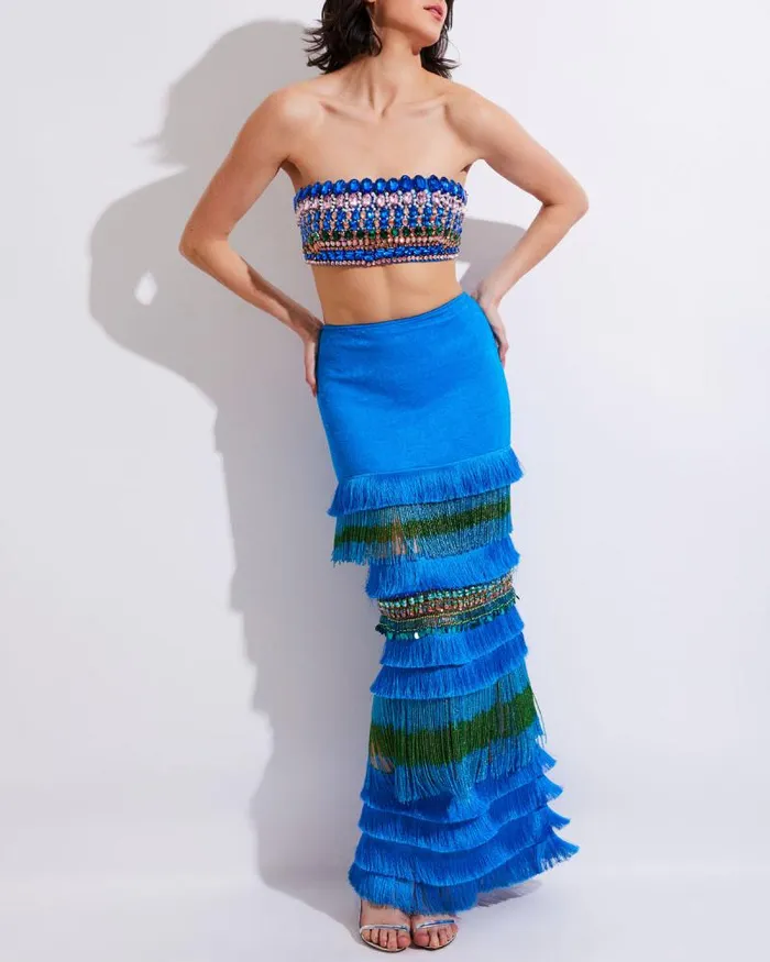 Women Tops and Bodysuits PatBO FULLY BEADED STRAPLESS TOP EXCLUSIVE FINAL SALE Blue