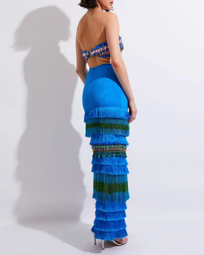 Women Tops and Bodysuits PatBO FULLY BEADED STRAPLESS TOP EXCLUSIVE FINAL SALE Blue