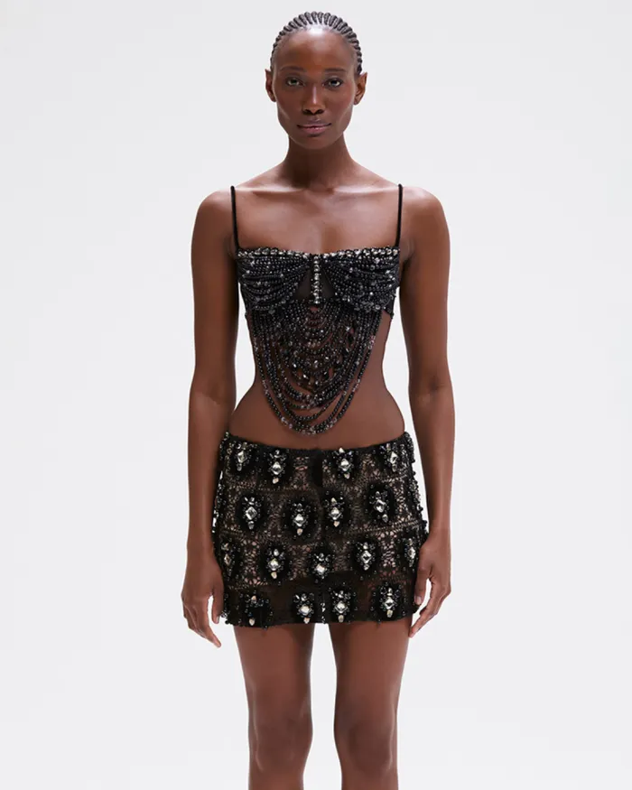 Women Tops and Bodysuits PatBO HandBeaded Bralette RUNWAY Black
