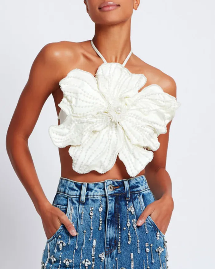 Women Tops and Bodysuits PatBO HANDBEADED FLOWER TOP White