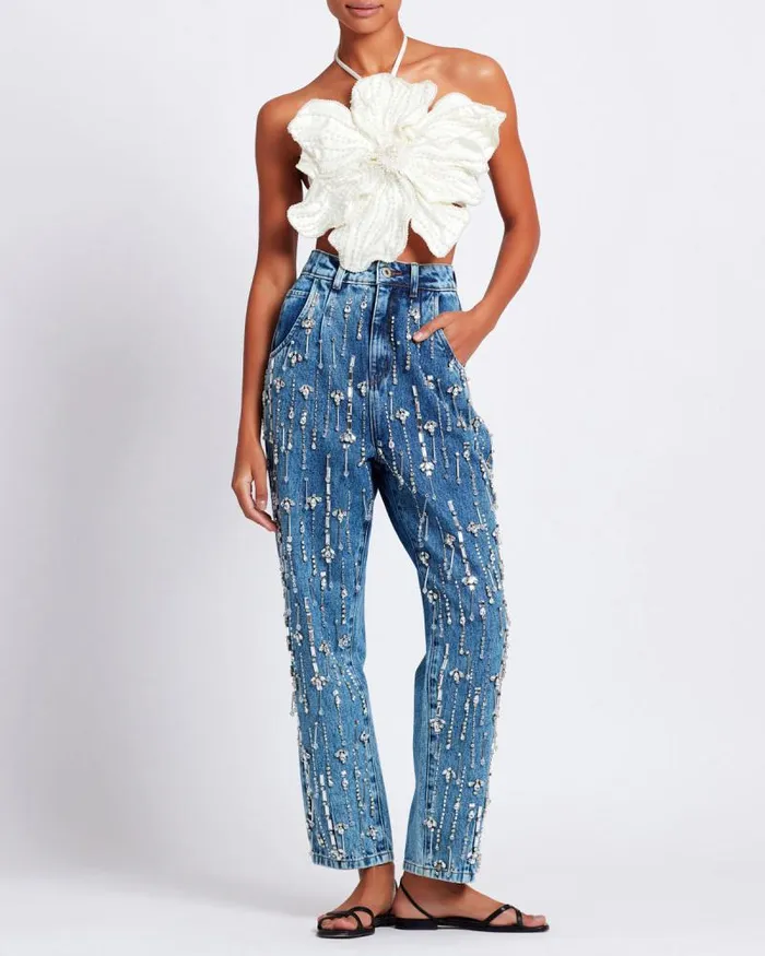 Women Tops and Bodysuits PatBO HANDBEADED FLOWER TOP White