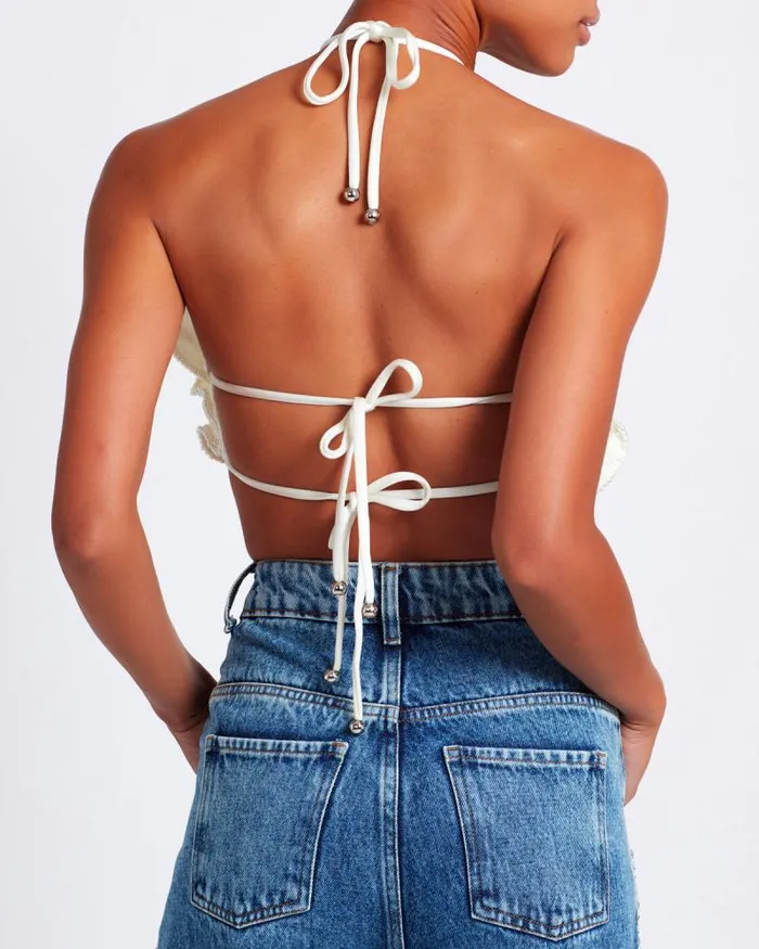 Women Tops and Bodysuits PatBO HANDBEADED FLOWER TOP White