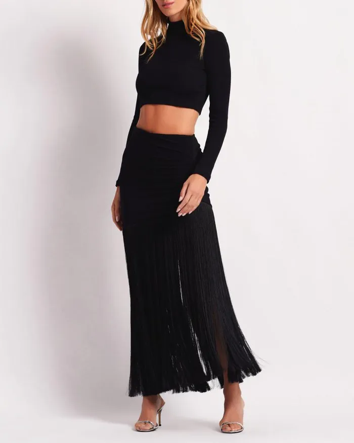 Women Tops and Bodysuits PatBO Knit Mock Neck Cropped Top FINAL SALE Black