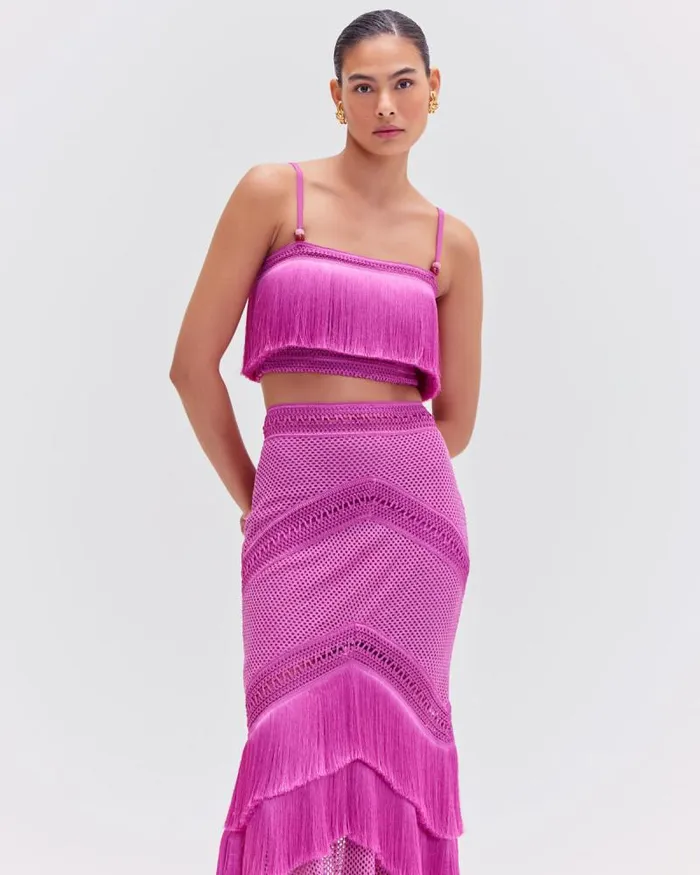 Women Tops and Bodysuits PatBO SLEEVELESS FRINGE CROPPED TOP Cerise