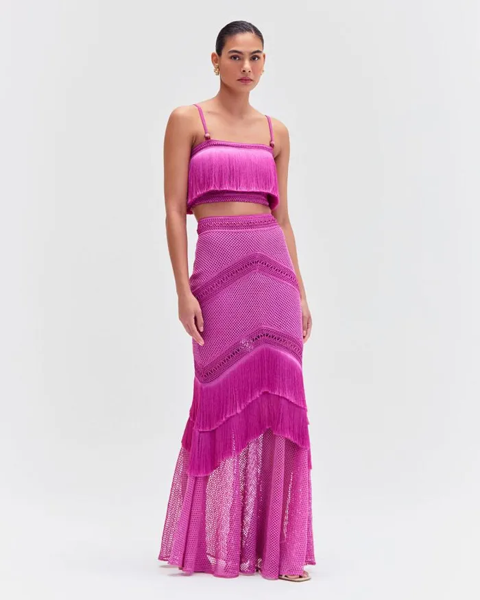Women Tops and Bodysuits PatBO SLEEVELESS FRINGE CROPPED TOP Cerise