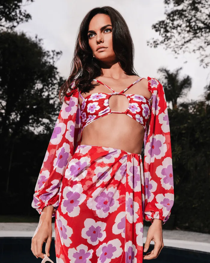 Women Tops and Bodysuits PatBO WINDFLOWER LONG SLEEVE CROPPED TOP FINAL SALE Cherry