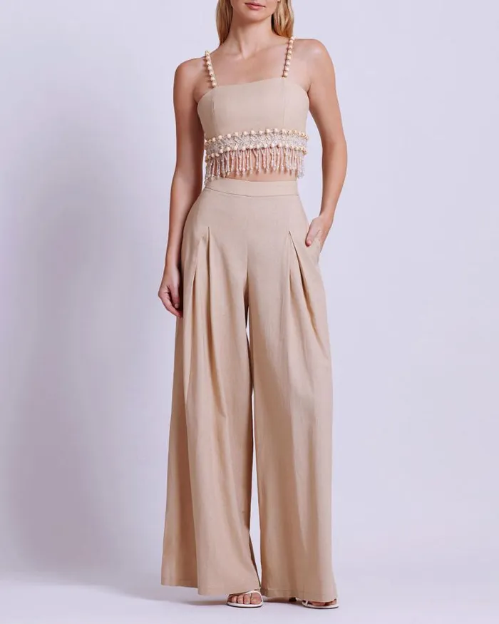 Women Tops and Bodysuits PatBO Wood And Crystal Beaded Linen Top Sand