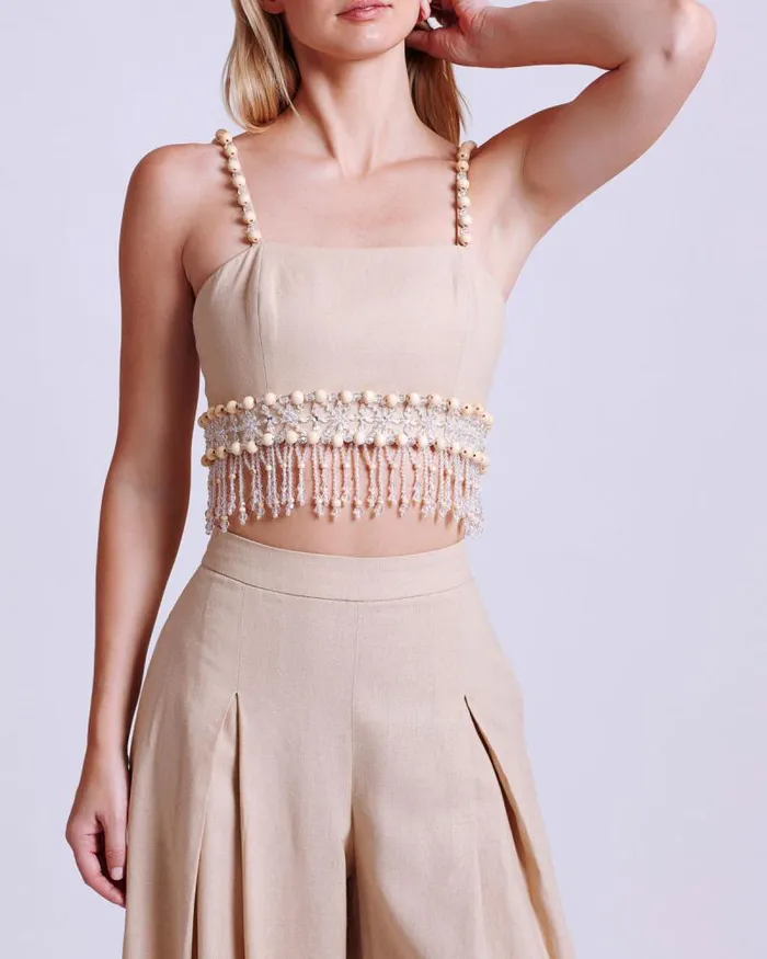 Women Tops and Bodysuits PatBO Wood And Crystal Beaded Linen Top Sand