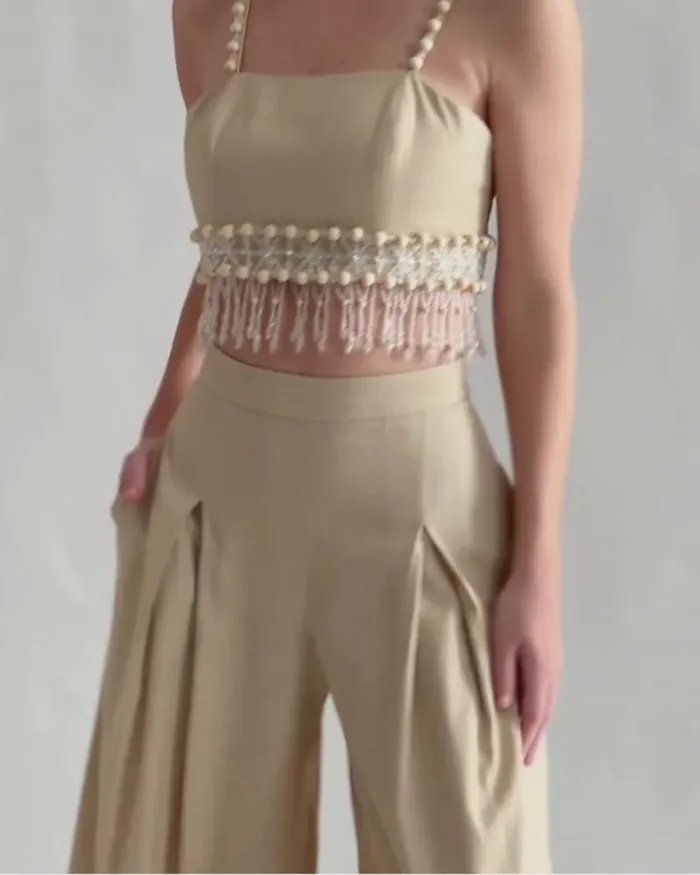Women Tops and Bodysuits PatBO Wood And Crystal Beaded Linen Top Sand