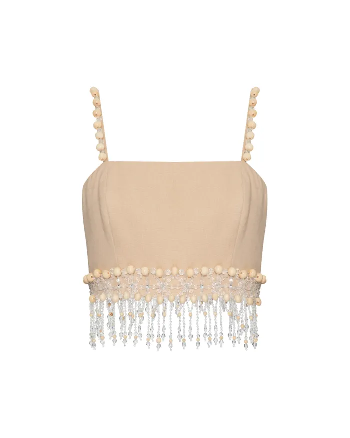 Women Tops and Bodysuits PatBO Wood And Crystal Beaded Linen Top Sand