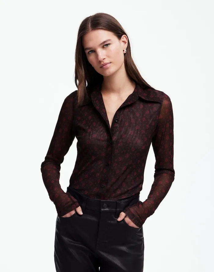 Women Tops and Shirts Madewell LongSleeve ButtonFront Top In Floral Mesh Bright Cherry