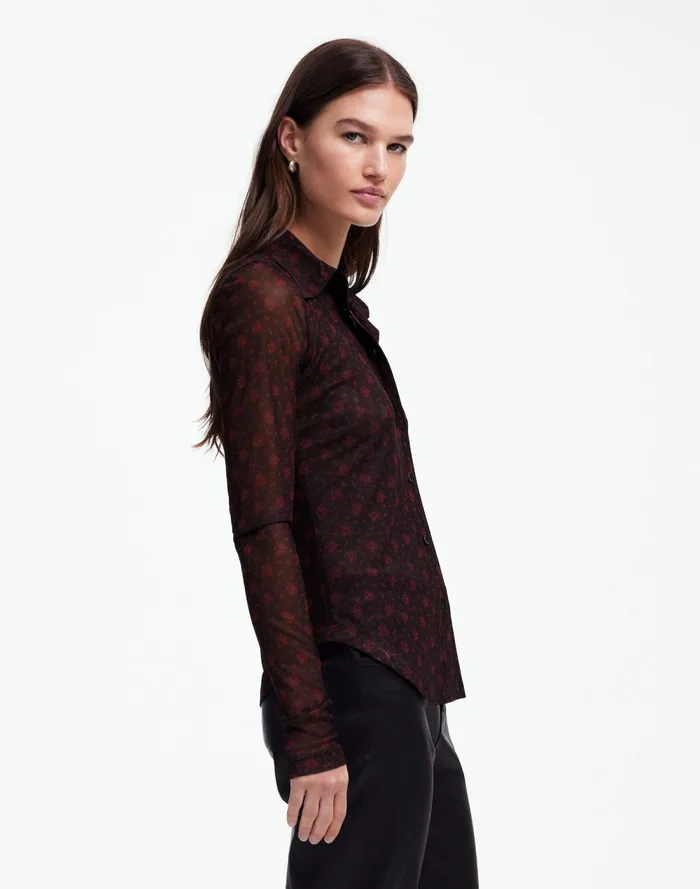 Women Tops and Shirts Madewell LongSleeve ButtonFront Top In Floral Mesh Bright Cherry