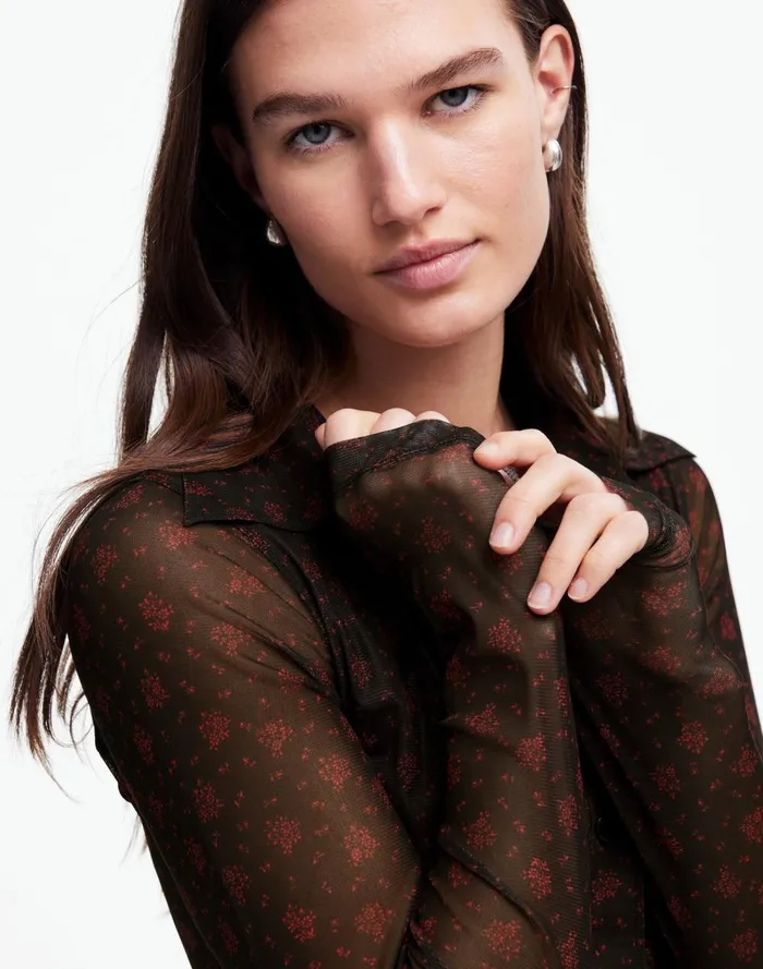 Women Tops and Shirts Madewell LongSleeve ButtonFront Top In Floral Mesh Bright Cherry