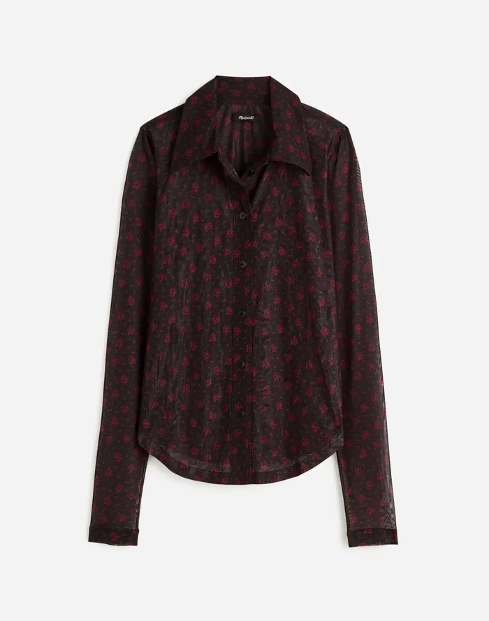 Women Tops and Shirts Madewell LongSleeve ButtonFront Top In Floral Mesh Bright Cherry
