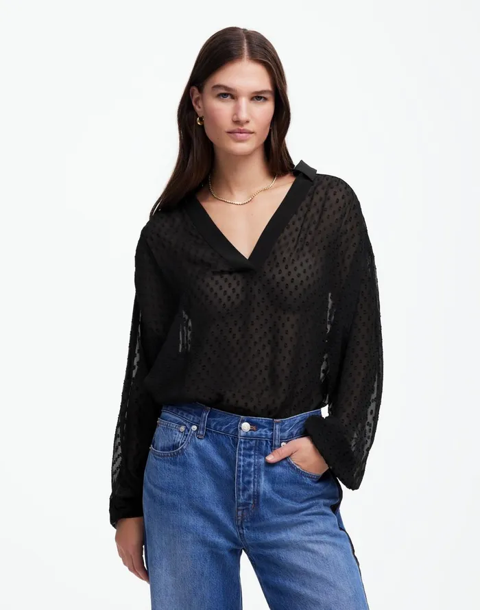 Women Tops and Shirts Madewell LongSleeve Popover Top True Black