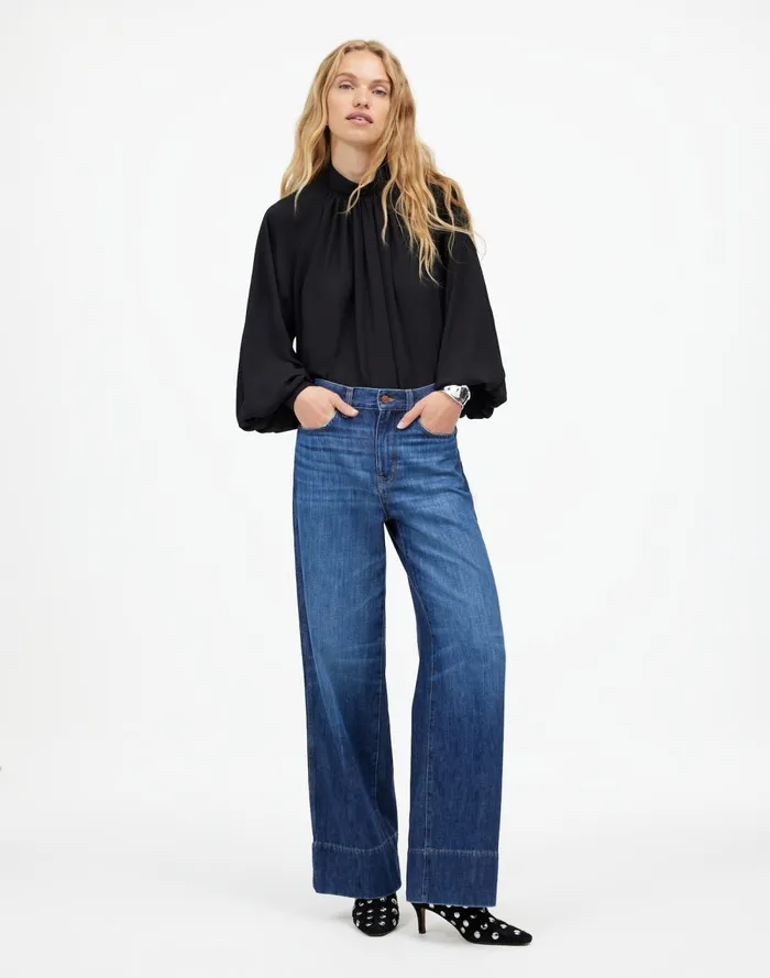 Women Tops and Shirts Madewell Turtleneck LongSleeve Top In Chiffon True Black