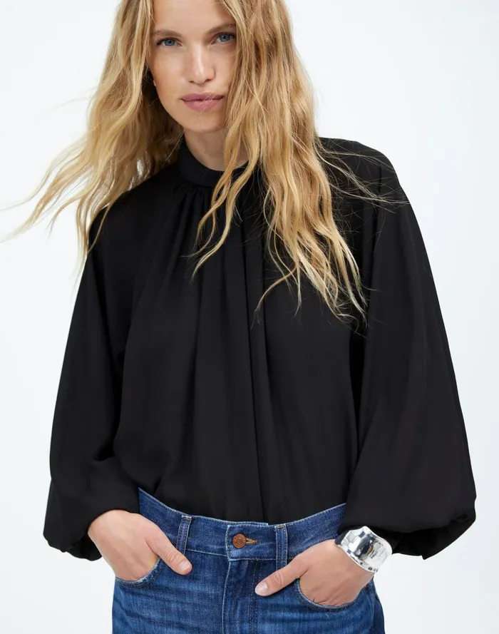 Women Tops and Shirts Madewell Turtleneck LongSleeve Top In Chiffon True Black