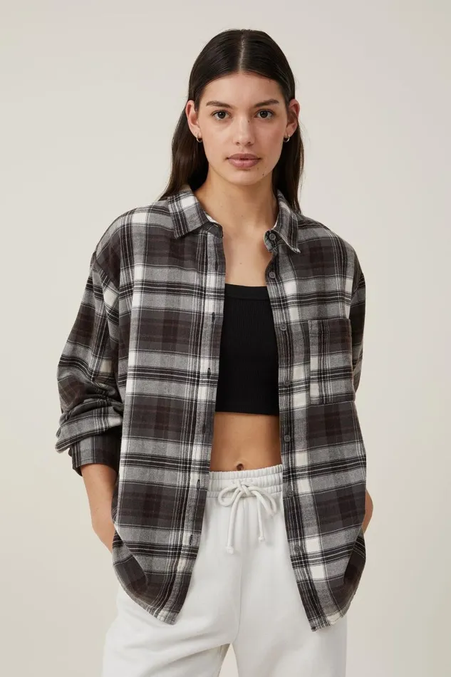 Women Tops Cotton On Boyfriend Flannel Shirt Fin Check Graphite