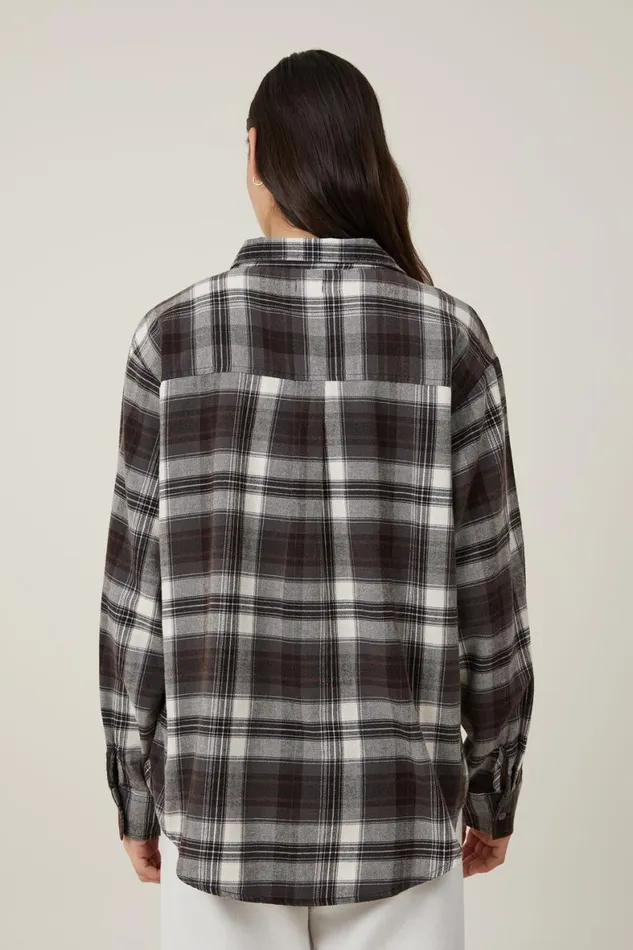 Women Tops Cotton On Boyfriend Flannel Shirt Fin Check Graphite