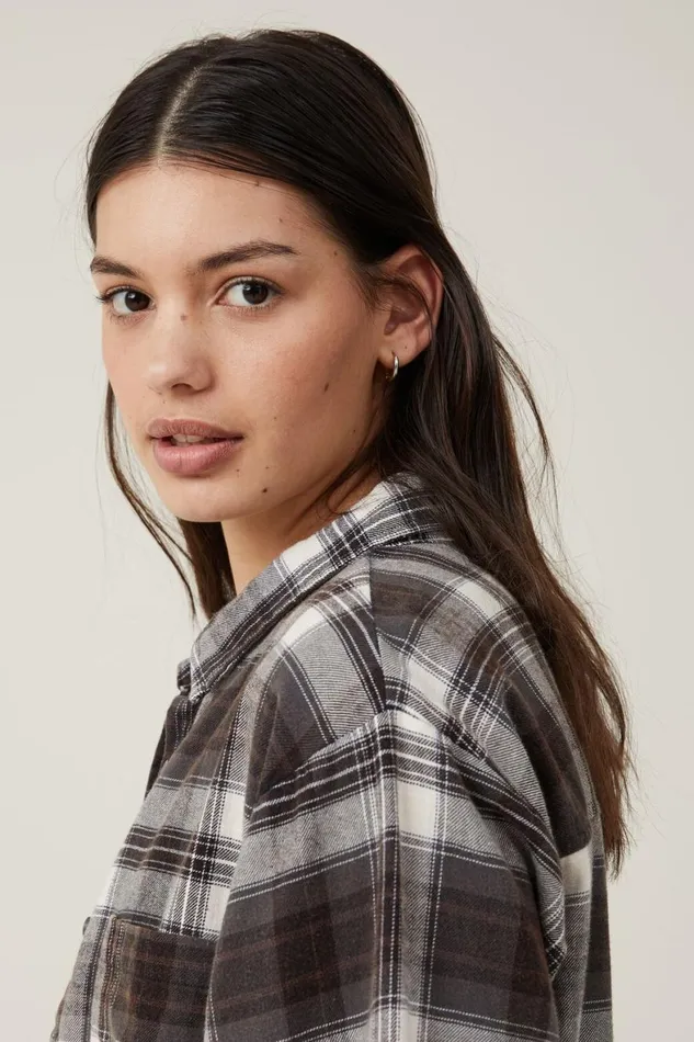Women Tops Cotton On Boyfriend Flannel Shirt Fin Check Graphite